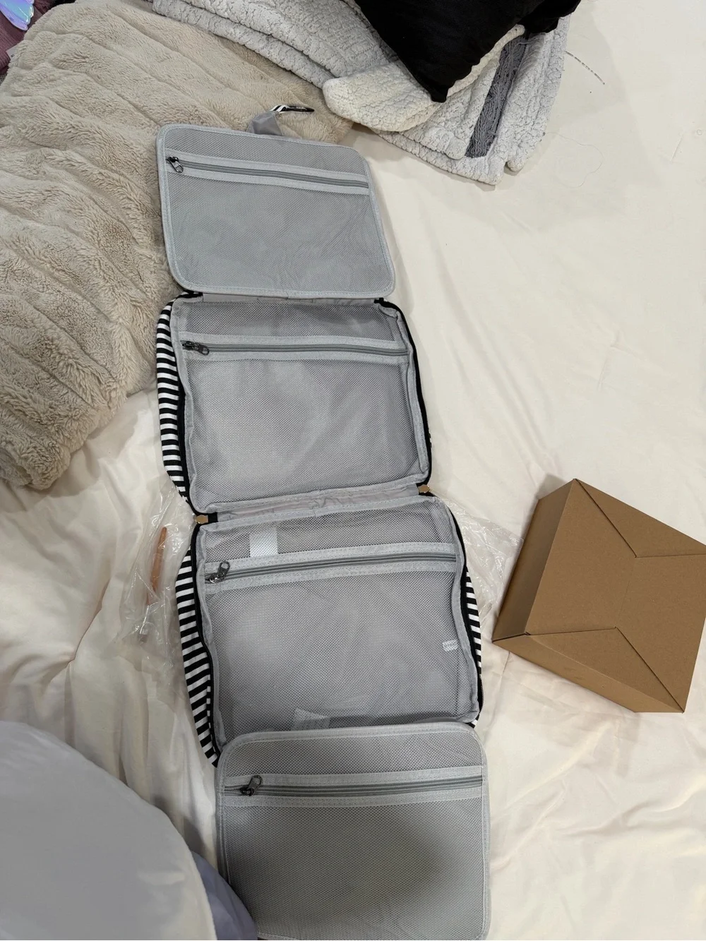 Striped Black and White Hanging Travel Toiletry Bag